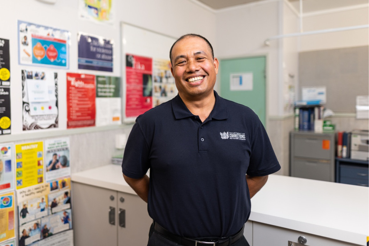 Nurse at Waikeria is pictured smiling in a room in the Waikeria Prison Health Centre